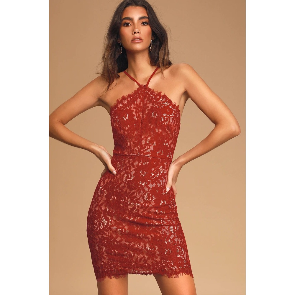 Lulus Stunning Moment Wine Red Lace Halter Bodycon Mini Dress Eyelash Trim Large